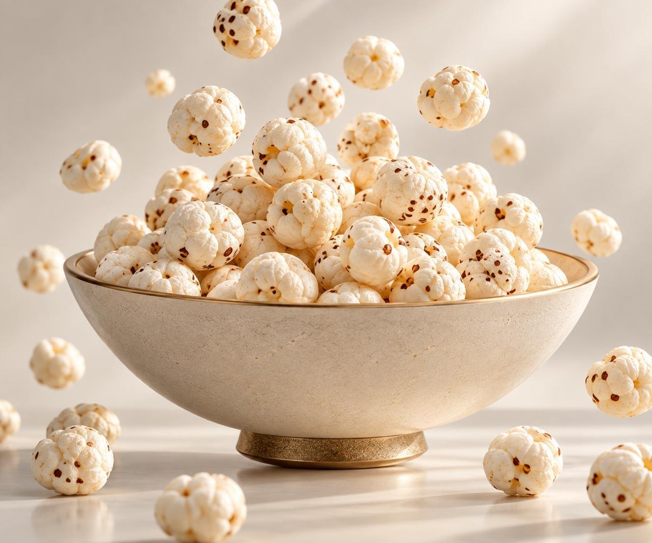 A bowl of roasted makhana, popped fox nuts, scattered and floating